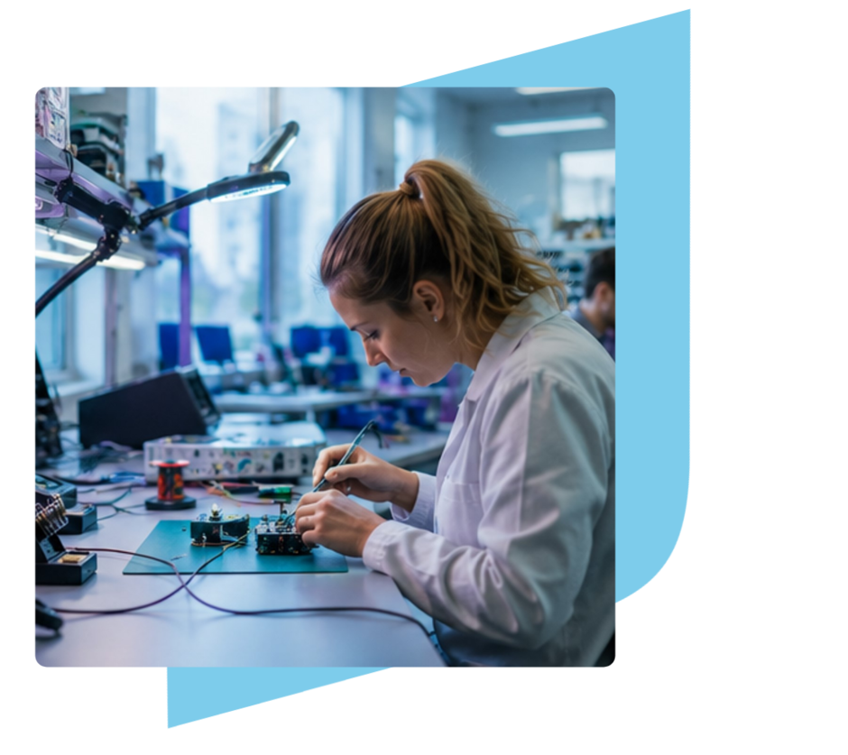 Mitarbeiterin bei der Entwicklung und Prüfung elektronischer Komponenten an einem modernen Elektronikarbeitsplatz.