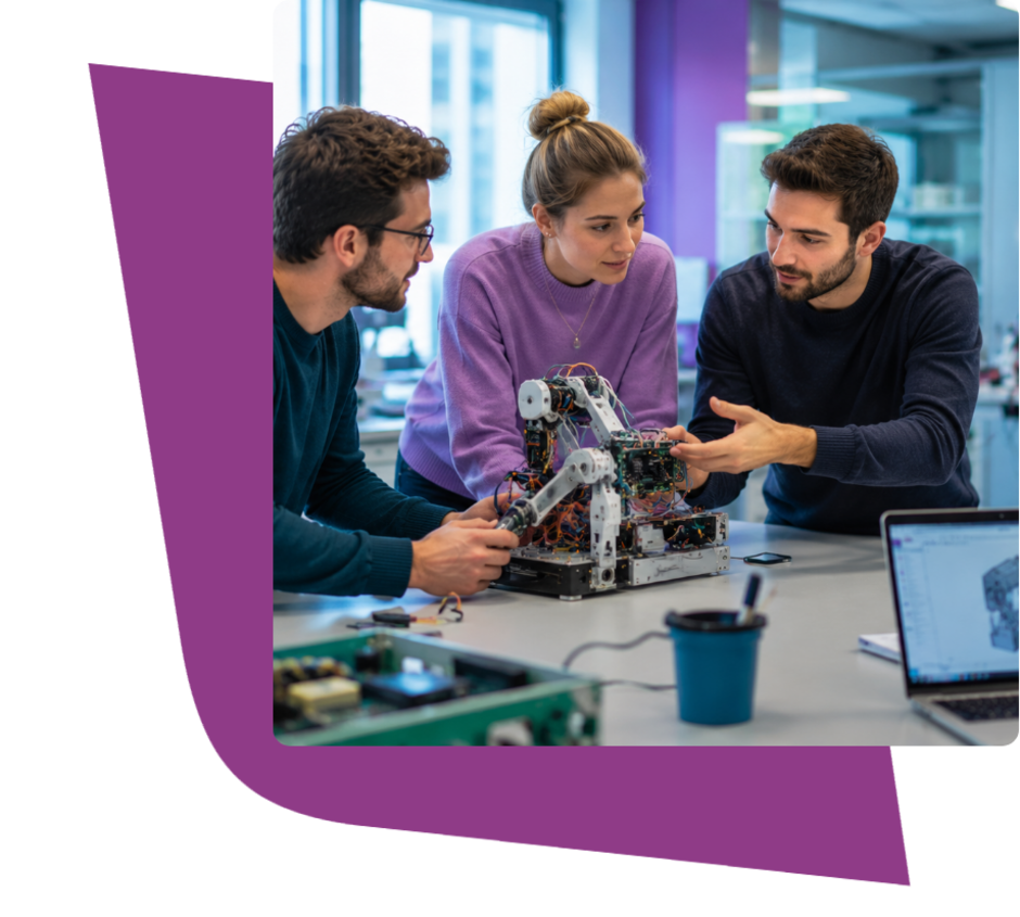 Drei Entwicklerinnen und Entwickler arbeiten gemeinsam an einem Robotik-Prototypen und diskutieren technische Details in einer modernen Entwicklungsumgebung.
